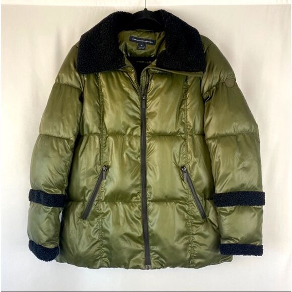 French Connection Puffer Jacket Coat Women's sz Medium Green/Black Faux Fur - Picture 2 of 16